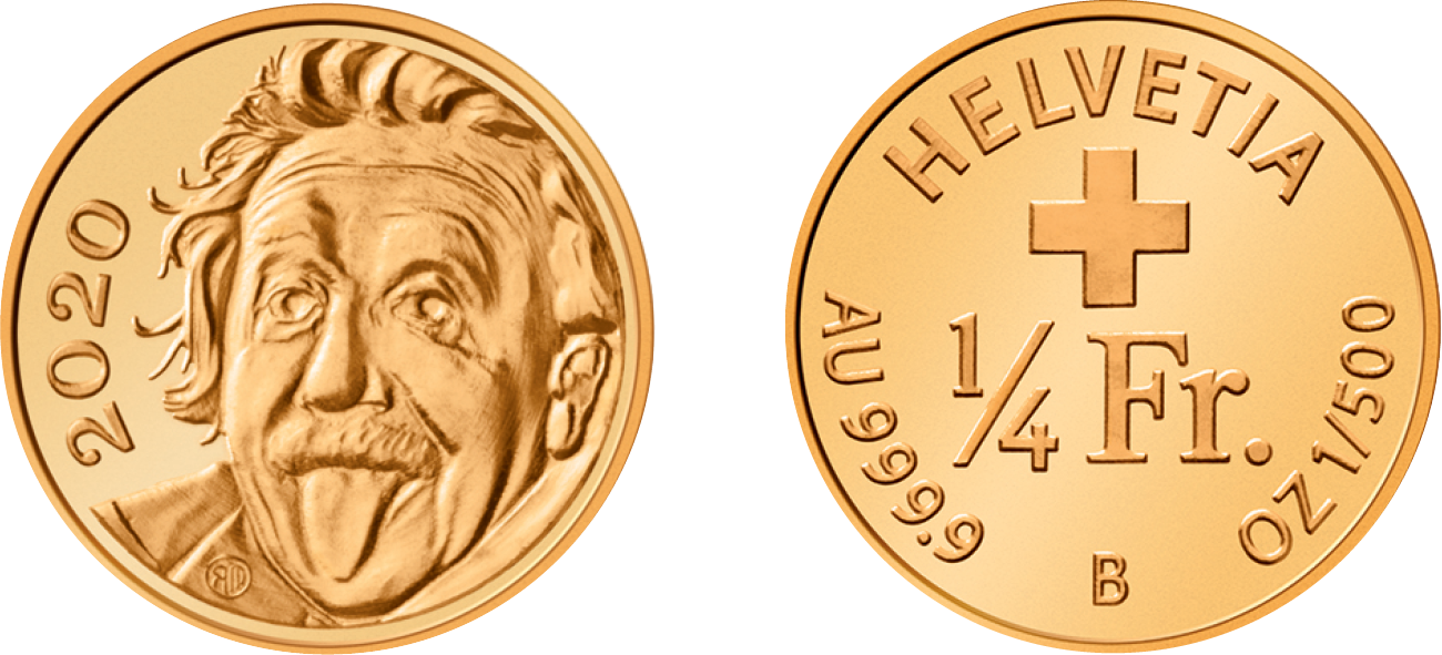 Памятная монета Швейцарии с&nbsp;портретом Альберта Эйнштейна, 1/4 франка, 2020 год. <nobr>&laquo;Золотой червонец&raquo;</nobr>