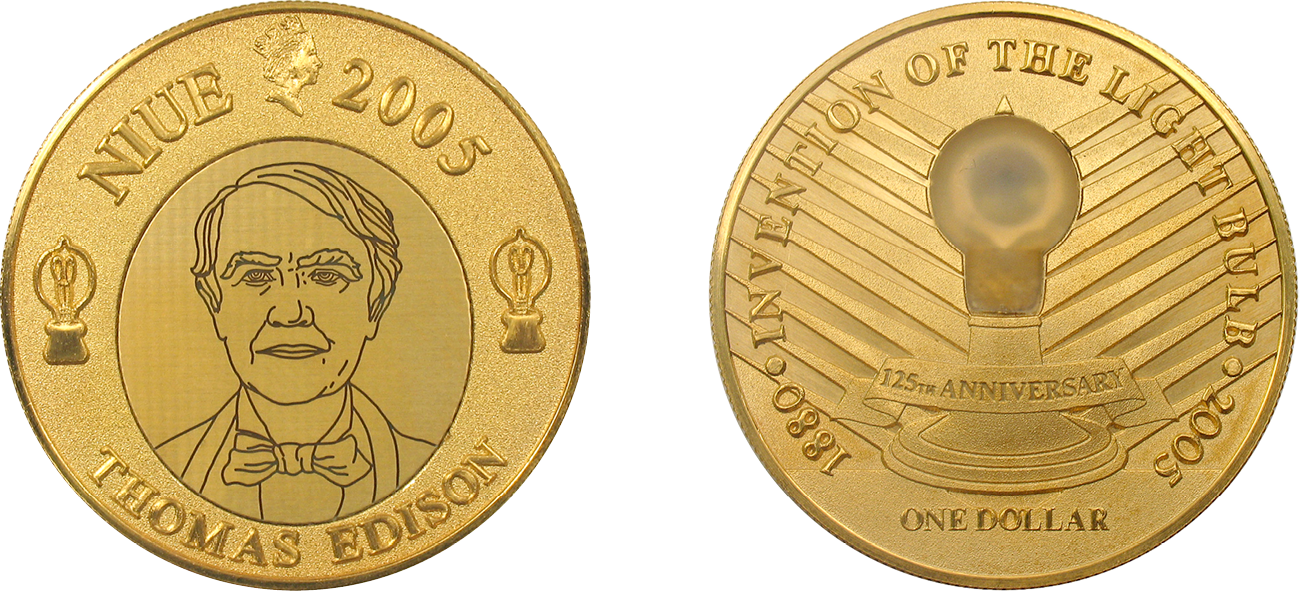Светодиодная памятная монета Острова Ниуэ с&nbsp;портретом Томаса Эдисона, 1 доллар, 2005 год. <nobr>CIT Coin Invest AG (Лихтенштейн)</nobr>