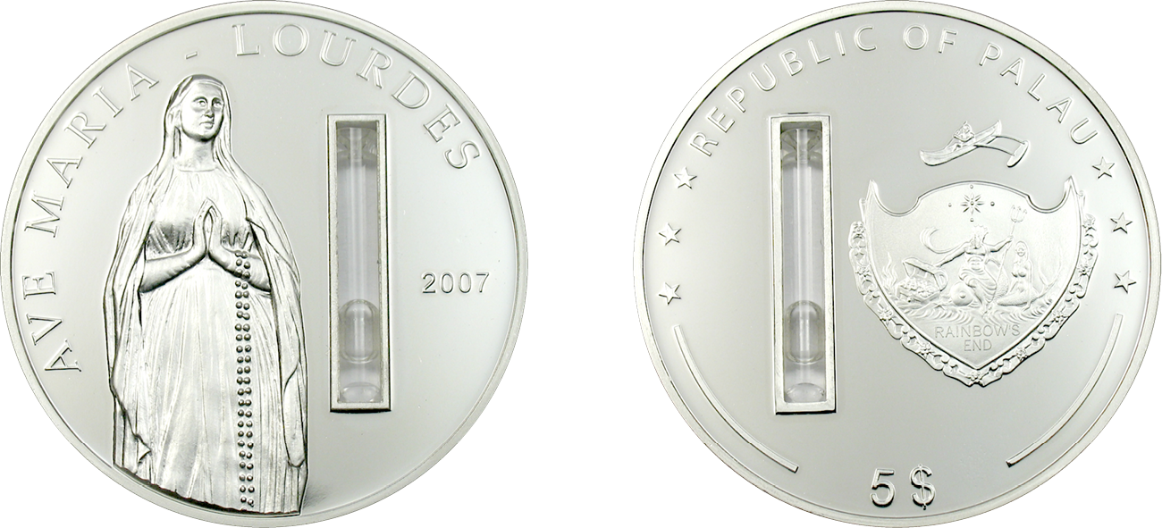 Памятная монета Республики Палау с&nbsp;капсулой со&nbsp;святой водой, 5 долларов, 2007 год. <nobr>CIT Coin Invest AG (Лихтенштейн)</nobr>