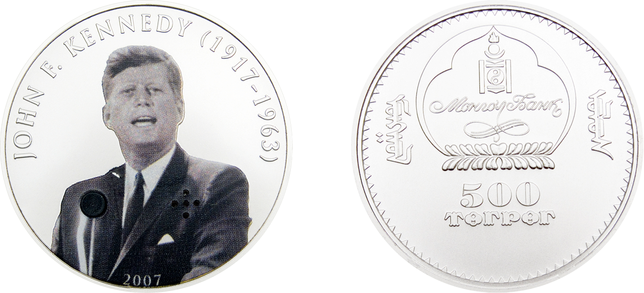 Памятная аудиомонета Монголии с&nbsp;портретом президента США Дж. Ф. Кеннеди, 500 тугриков, <nobr>2007 год</nobr>. CIT Coin Invest&nbsp;AG (Лихтенштейн)