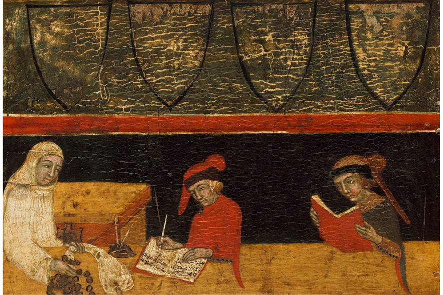 Обложка приходно-расходной книги с рисунком неизвестного художника. Сиена, 1343 год.  Фото: Метрополитен-музей,  Нью-Йорк