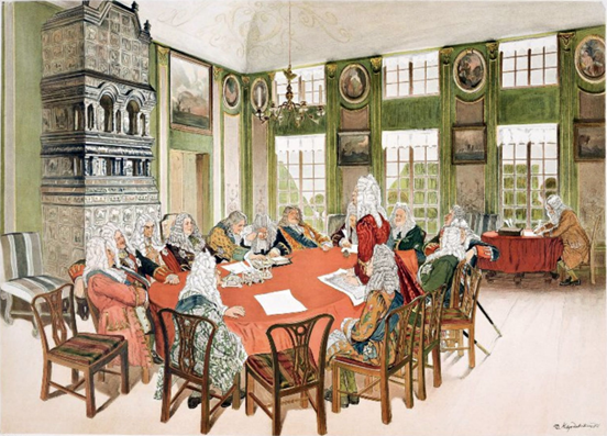 Дмитрий Кардовский. Заседание Сената петровских времен. Иллюстрация из&nbsp;издания <nobr>И. Н. Кнебеля</nobr> &laquo;Картины по&nbsp;русской истории&raquo;, М., 1908 год
